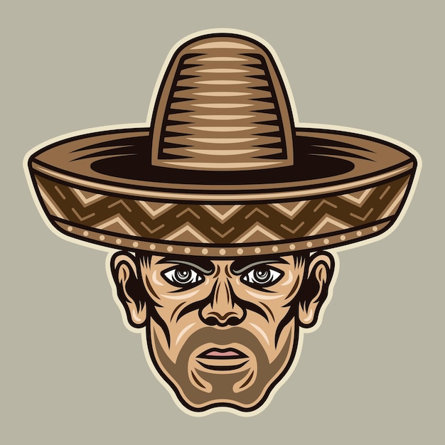 man head in sombrero hat with bristle vector character illustration in colored cartoon style on light background