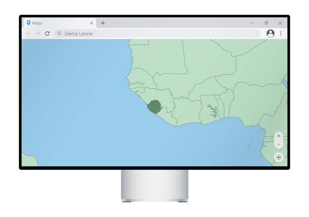 Màn hình máy tính có bản đồ Sierra Leone trong trình duyệt tìm kiếm quốc gia Sierra Leone trên chương trình lập bản đồ web Mẫu Vector