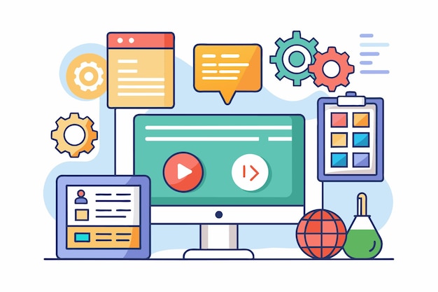 Màn hình máy tính hiển thị nhiều biểu tượng khác nhau liên quan đến lập trình HTML CSS và phân tích dữ liệu Lập trình HTML CSS phân tích dữ liệu Đơn giản và tối giản phẳng Vector Illustration