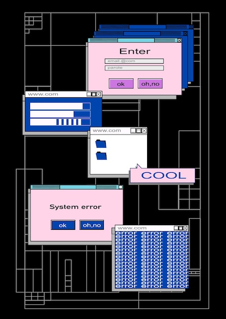 Màn hình nền vaporwave cổ điển với các hộp tin nhắn và các yếu tố giao diện người dùng. Mẫu biểu ngữ web theo phong cách retro