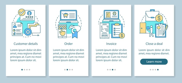 Màn hình trang ứng dụng di động giới thiệu phần mềm CRM với các khái niệm tuyến tính. Chi tiết khách hàng, đơn hàng, hướng dẫn từng bước hóa đơn bằng hình ảnh. Tạo giao dịch. Mẫu vector UX, UI, GUI với hình minh họa