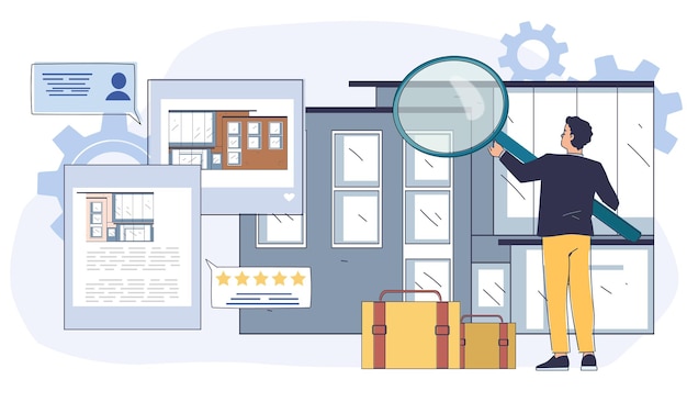 man holding magnifying glass analyzing modern hotel facade with suitcases documents reviews and chat