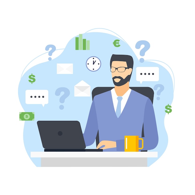 Man in glasses and tie works at a laptop Businessman with a question mark and speaking bubble