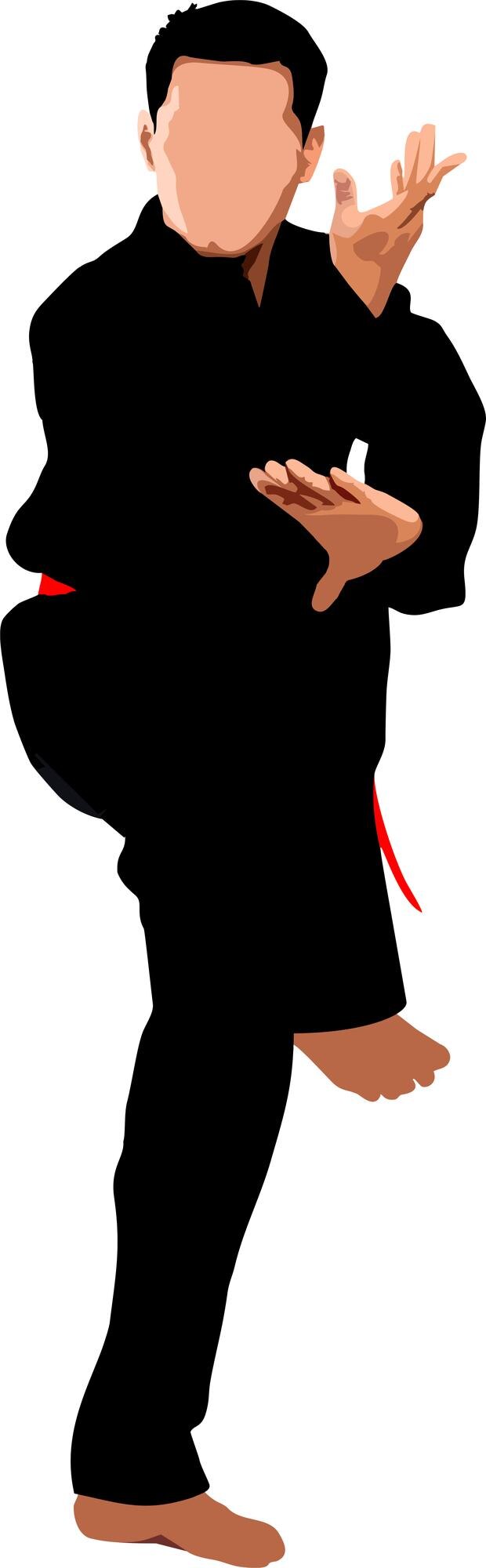 Vector man in pencak silat uniform with red belt raising one leg in defensive position