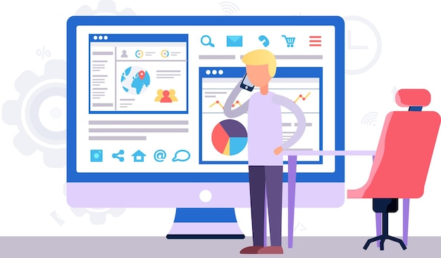 Man is working with economic data and business statistics Guy is talking on the phone watching presentation Male is looking at the monitor Screen with graphs and data charts in the background