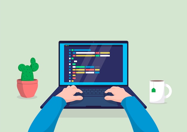 Man programmer working on computer with code on screen illustration.