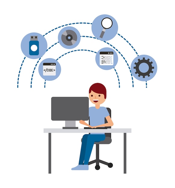 Man programmer working on his pc computer coding and programming