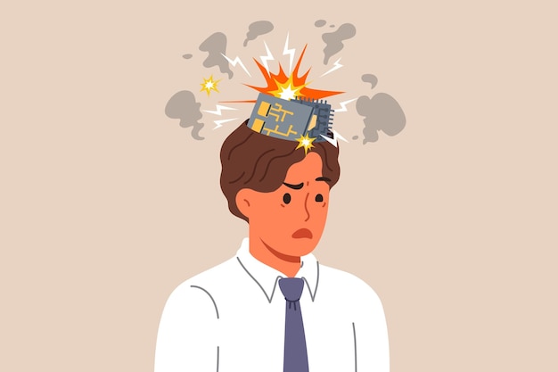 man robot with exploding computer boards in head due to overload with work tasks