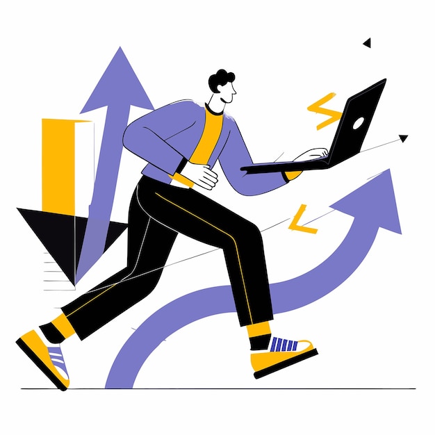 man running with laptop in direction indicated by vector i