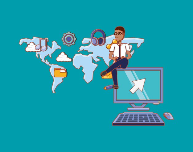 man sitting on computer with phone social media world