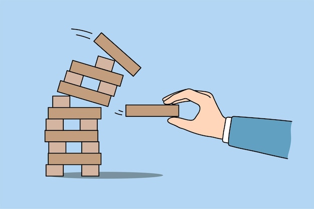 Man take wooden brick play wooden block jenga game. Businessman risk engaged in business startup or project. Male employee involved in playful activity. Mind brain train. Flat vector illustration.