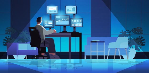 man trader stock market broker analyzing charts graphs and rates on computer monitors at workplace full length horizontal vector illustration