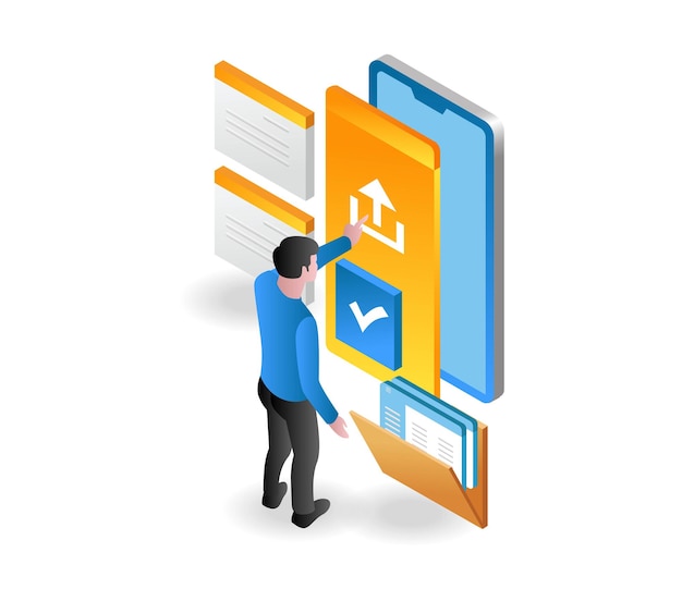 Man uploading data with smartphone