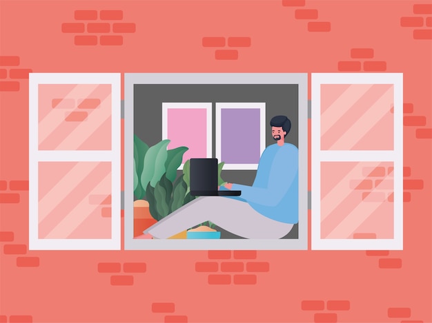 Man with laptop working at window design of Work from home theme