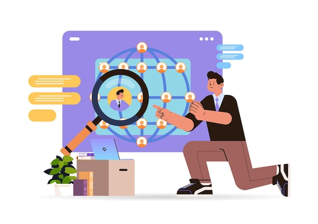 man with magnifying zoom looking for employees networking head hunting in social network concept