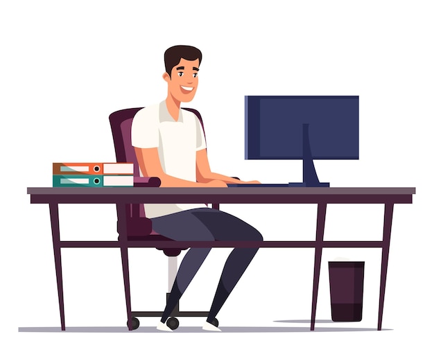 man worker sitting at table and typing on computer keyboard well equipped workplace architect bureau business office and programmer engineer designer