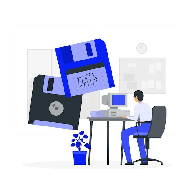 Man working on a computer with floppy disks data storage and technology