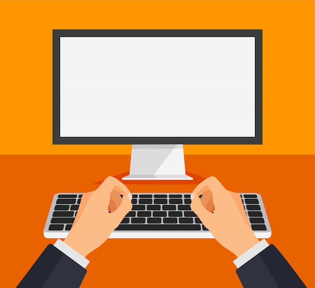 man working on computer. boy type or print on a keyboard in front of a blank white monitor. computer template with empty white screen.  illustration.