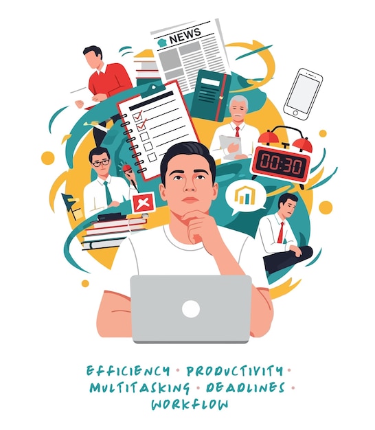 Man working on laptop surrounded by tasks deadlines and documents symbolizing productivity efficiency multitasking and workflow management