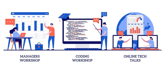 managers, coding workshop, online tech talks concept with tiny people. employee skills training  set. write code, software development, presentation, web session.