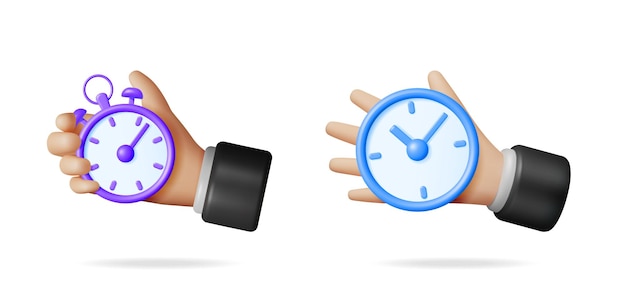 Mans hand holding a purple stopwatch and another hand holding a blue clock Time
