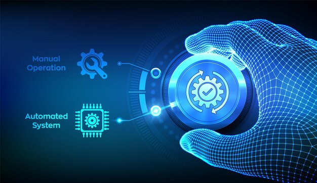 Manual operation vs automated system choice concept Human control versus digital automation RPA Robotic process automation Hand adjusting knob to switch to automated system Vector illustration