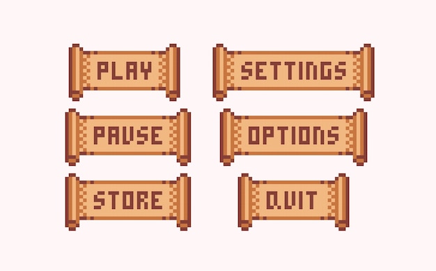 manuscript game buttons pixel art set. papyrus scroll menu interface collection.