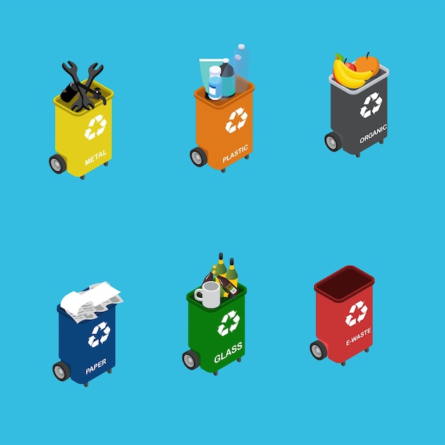 many garbage cans with sorted garbage sorting garbage ecology and recycle