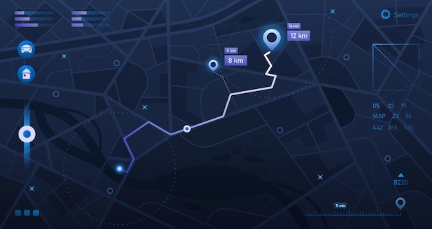 Map navigation interface Mobile app dashboard with city map and street plan location tracking route GPS navigation and statistics Vector roadmap tracker concept