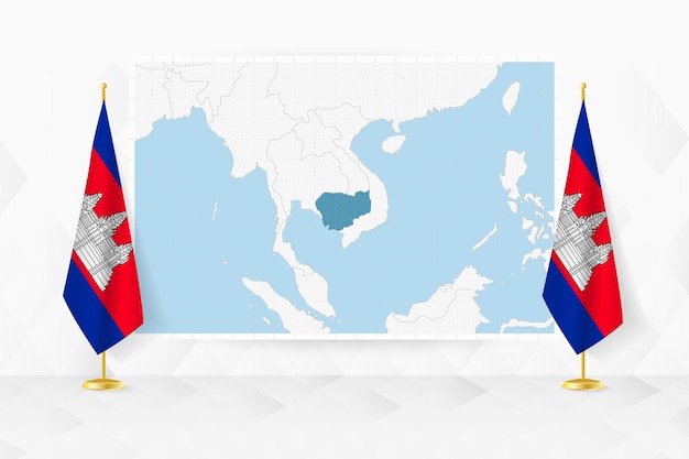 Map of Cambodia and flags of Cambodia on flag stand