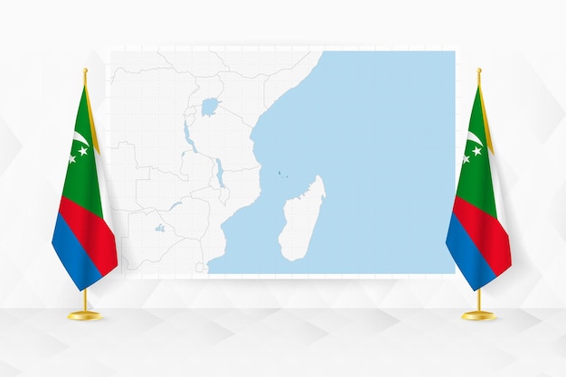 Map of Comoros and flags of Comoros on flag stand