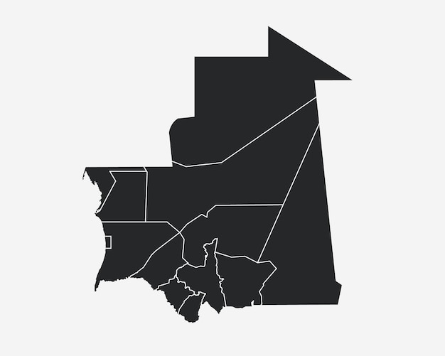 map of mauritania showing regions and borders in black