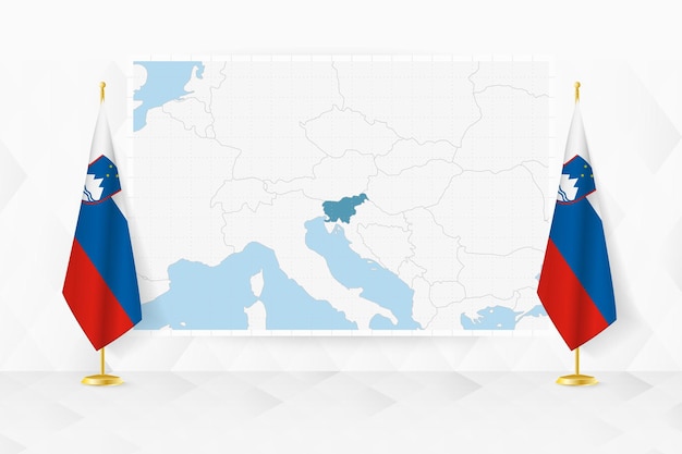 Map of Slovenia and flags of Slovenia on flag stand