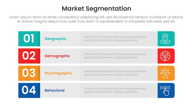 market segmentation framework analysis infographic 4 point stage template with long round rectangle box vertical structure for slide presentation