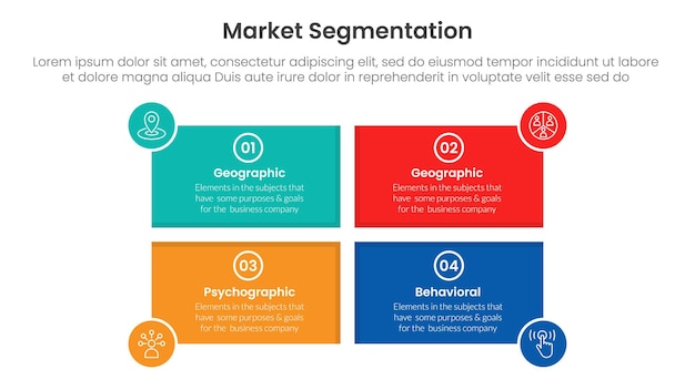 market segmentation framework analysis infographic 4 point stage template with rectangle shape and circle badge on edge for slide presentation