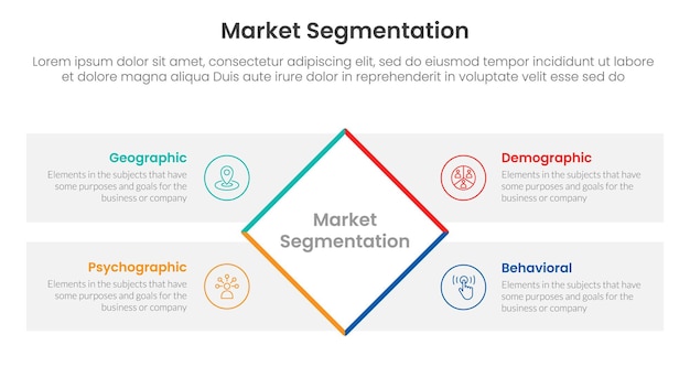 market segmentation framework analysis infographic 4 point stage template with rotate rectangle box with rectangle box diamond description for slide presentation