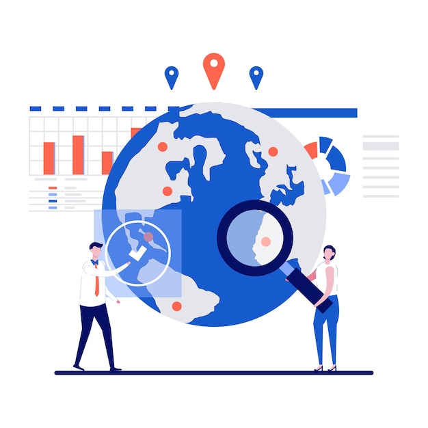 marketplace concept with character. businesspeople searching market place.