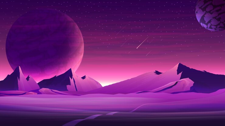 Vector mars purple space landscape with large planets on purple starry sky
