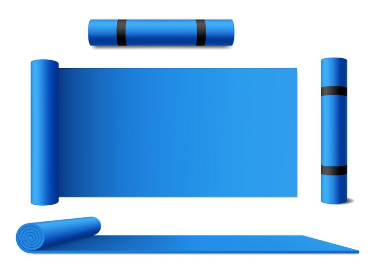Vector mat yoga rolled carpet,  blue isolated sport exercise mattress. mat of yoga meditation, pilates and stretching training, gym and fitness accessory, blue rolled mat carpet with handle straps