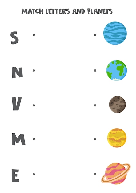 Match planets and letters. Educational logical game for kids. Vocabulary worksheet.