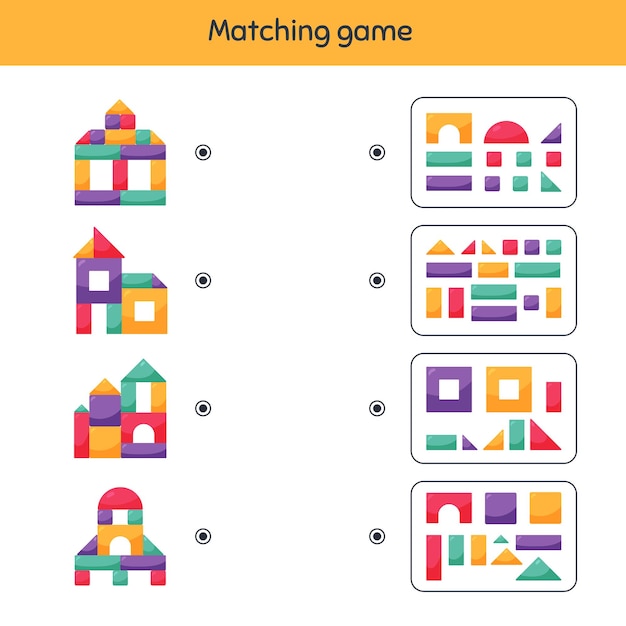 Matching game. Building blocks for kids. Worksheet for kids kindergarten, preschool and school age.