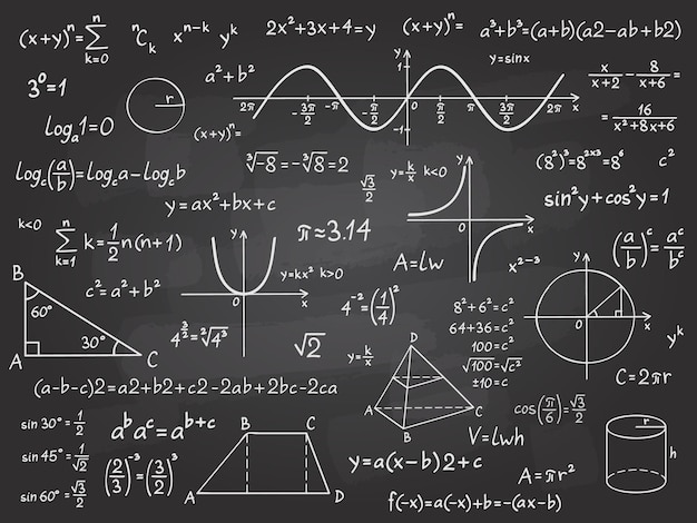 Math formula. Mathematics calculus on school blackboard. Algebra and geometry science chalk pattern vector education concept. Scientific analysis, number calculation, complex knowledge