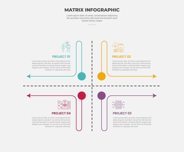 matrix grid structure infographic outline style with 4 point template with open container structure with arrow and dotted axis for slide presentation