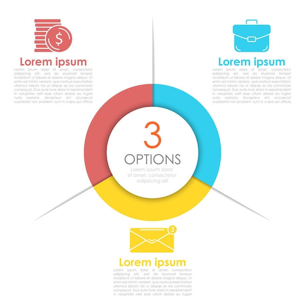 Mẫu infographic vòng tròn cho doanh nghiệp với 3 bước hoặc tùy chọn. Ý tưởng này có thể được sử dụng cho sơ đồ