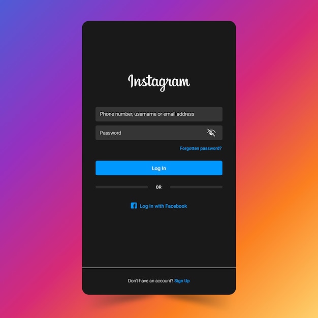 Mẫu trang hoặc màn hình đăng nhập trên thiết bị di động cho mạng xã hội Instagram