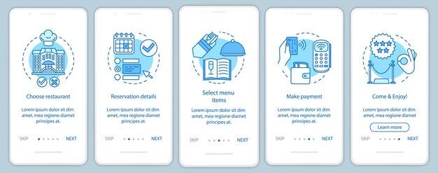 Mẫu vector màn hình trang ứng dụng di động giới thiệu nhà hàng. Sự kiện quán cà phê dành cho khách. Thanh toán thực đơn bữa tối. Các bước trang web hướng dẫn với hình minh họa tuyến tính. Khái niệm giao diện điện thoại thông minh UX, UI, GUI