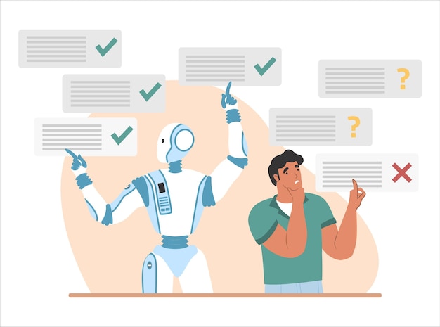Máy móc robot trả lời câu hỏi nhanh chóng và chính xác hơn nhiều so với con người, hình minh họa vector phẳng. Ưu thế của robot. Tự động hóa. Trí tuệ nhân tạo so với trí thông minh của con người.