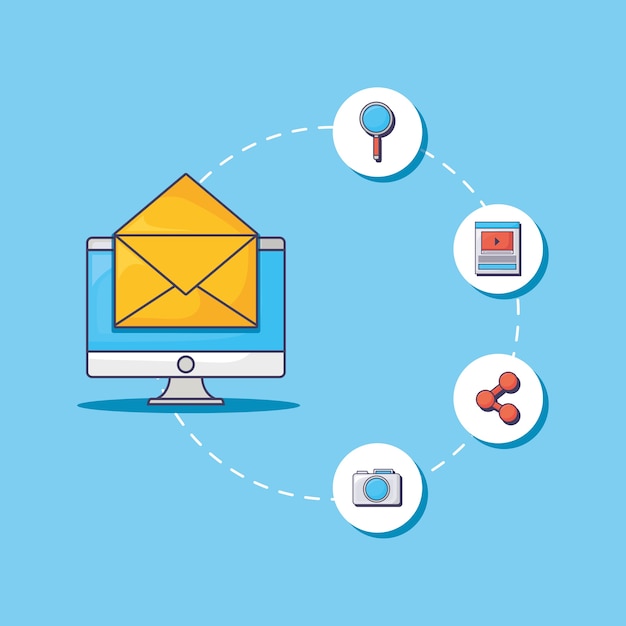 Máy tính với phong bì và các biểu tượng liên quan đến tiếp thị email