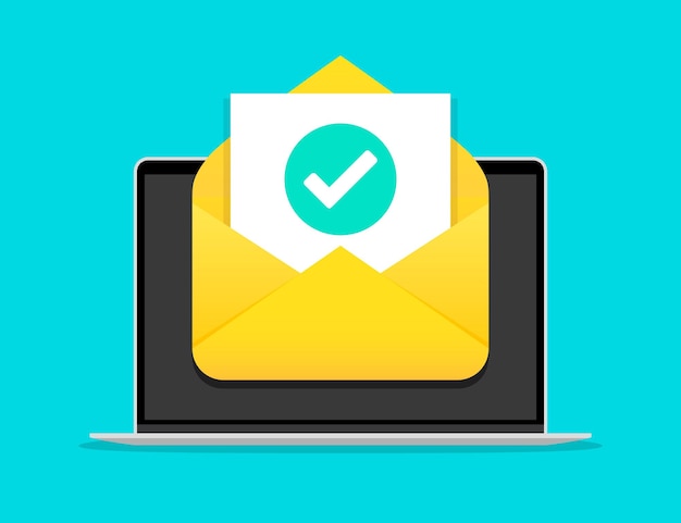 Máy tính xách tay có tin nhắn email đang mở với dấu tích theo phong cách thiết kế phẳng