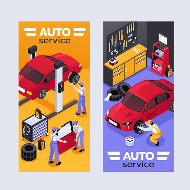 Mechanic banners in isometric view